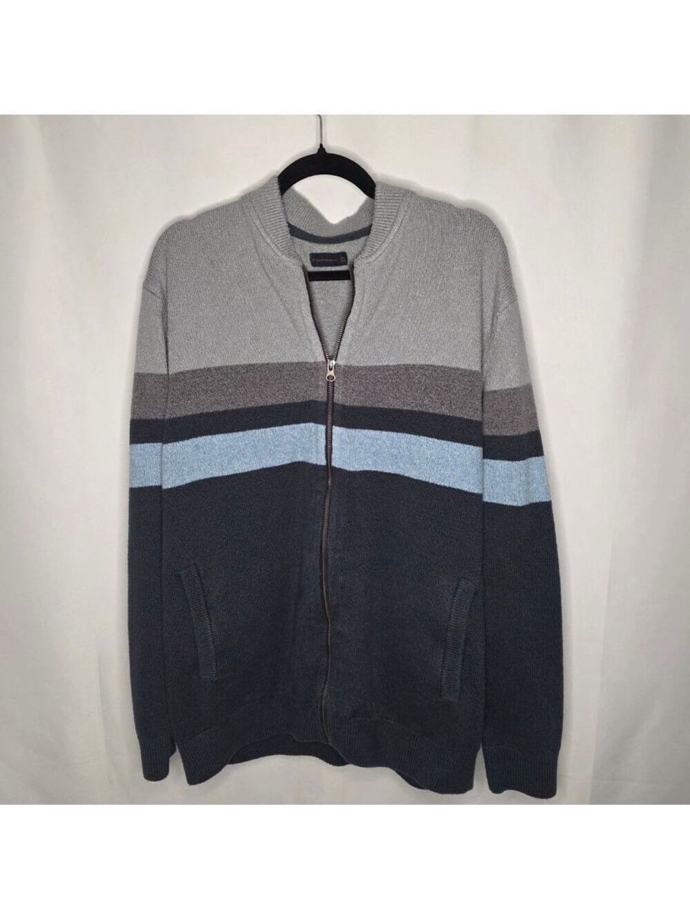 Men's DENVER HAYES Zip Up Sweater XXL Gray Blue Striped